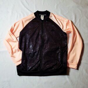Adidas Track Jacket Womens Large Black Shiny Roses Peach Coral Full Zip Pockets
